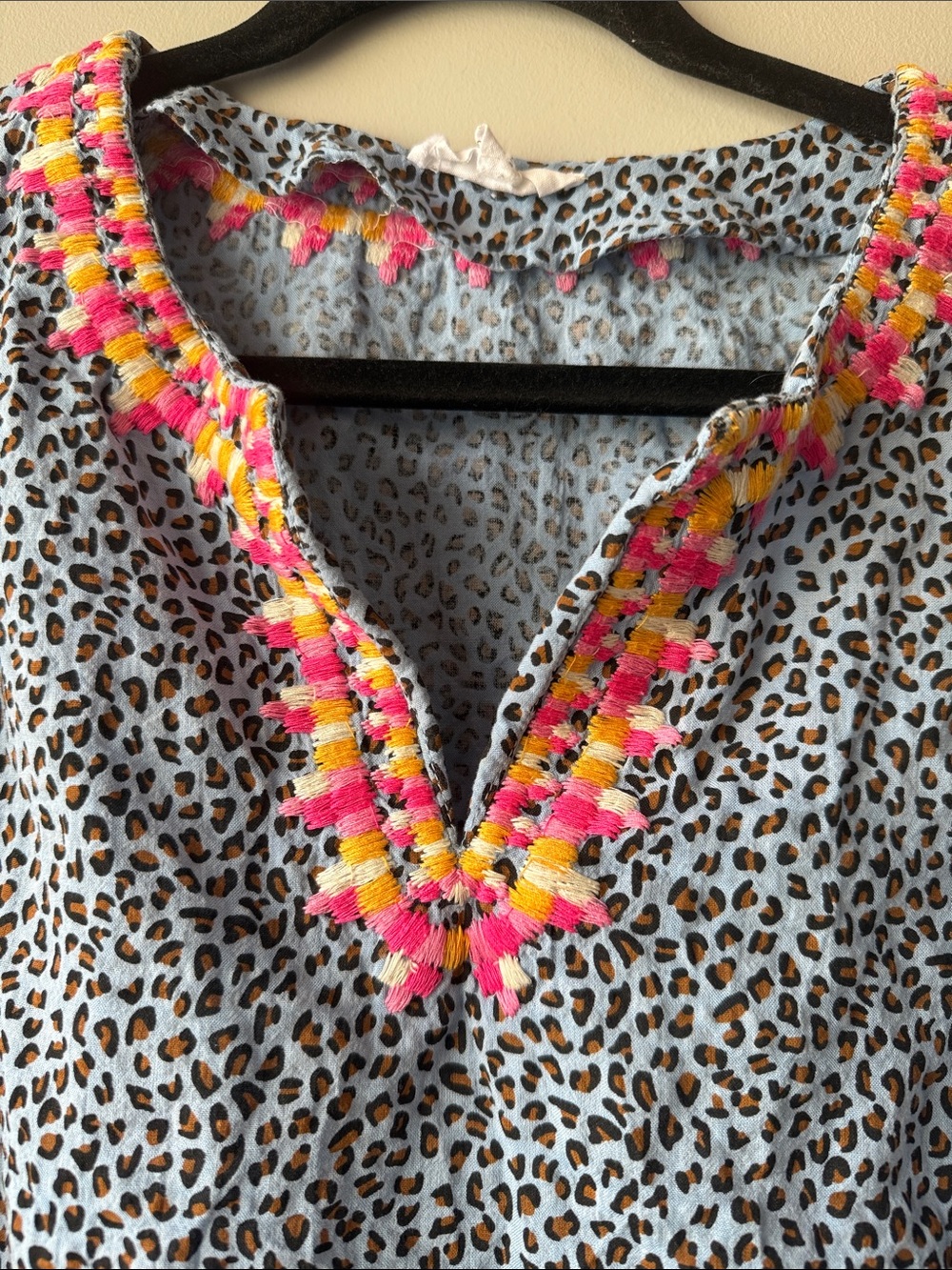 THML Blue Leopard Print Flutter Sleeve Top with Pink & Yellow Embroidery small - Picture 2 of 5